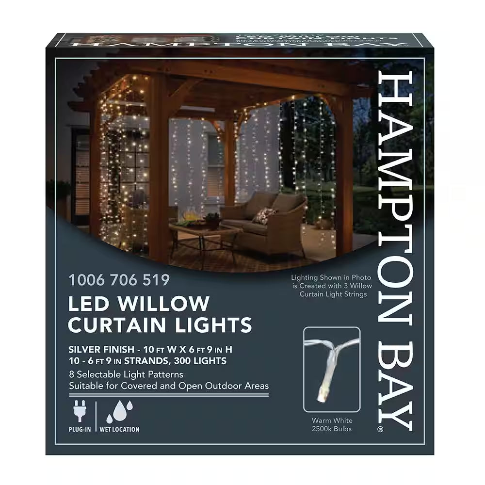 300-Light 10 Ft. Indoor/Outdoor Plug-In Integrated LED Mini Bulb 10-Strand Willow Curtain String Light Set, 1-Pack