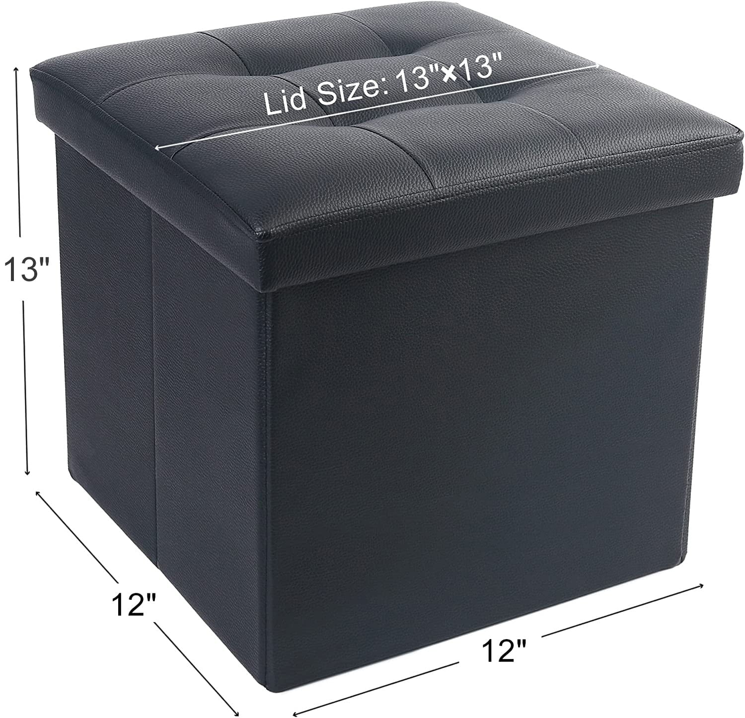 13 in Faux Leather Storage Ottoman Cube,Square Foot Stool Ottoman with Storage,Black