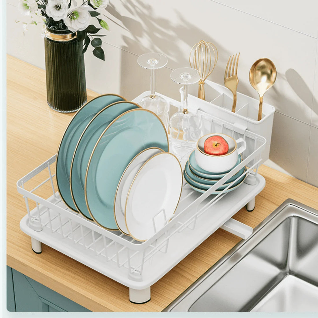 Dish Drying Rack - Large Dish Drainer with Utensil Holder, Drainboard, and Swivel Spout, Space-Saving Kitchen Counter Organizer, White