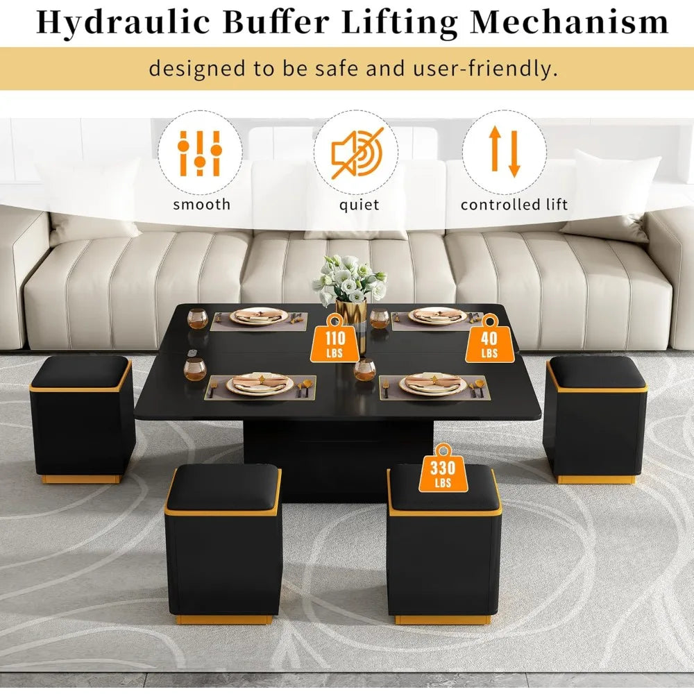 Lift Top Coffee Table, Modern Center Table with 4 Storage Ottoman Stools and Foldable Top for Living Room(Black)