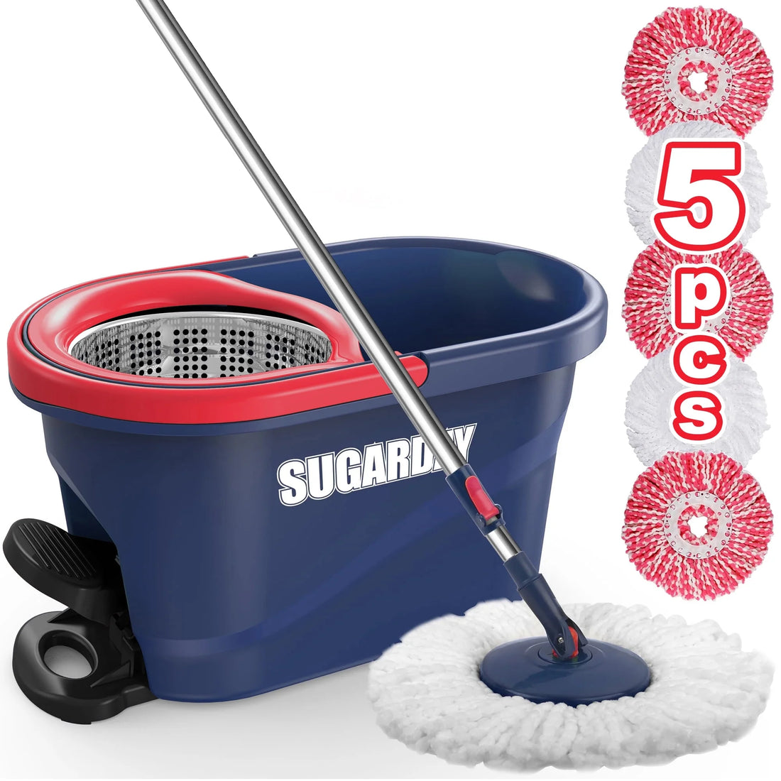Spin Mop and Bucket System with Wringer Set for Floors Cleaning, Red