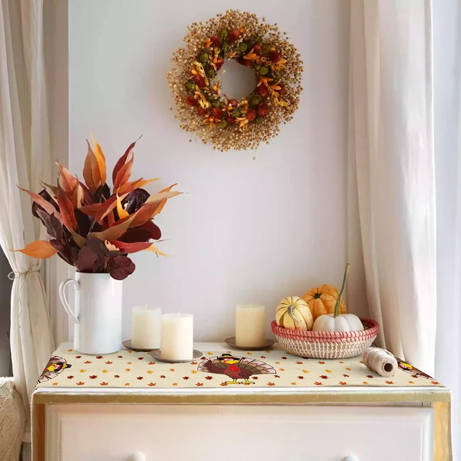 Thanksgiving Turkey Table Runners Fall Leaf Autumn Harvest Pumpkin Non-Slip Rectangle Party Table Decorations Dresser Scarf for Kitchen ,Home ,Dining Table ,Outdoor,13X90 Inches Long,Yellow
