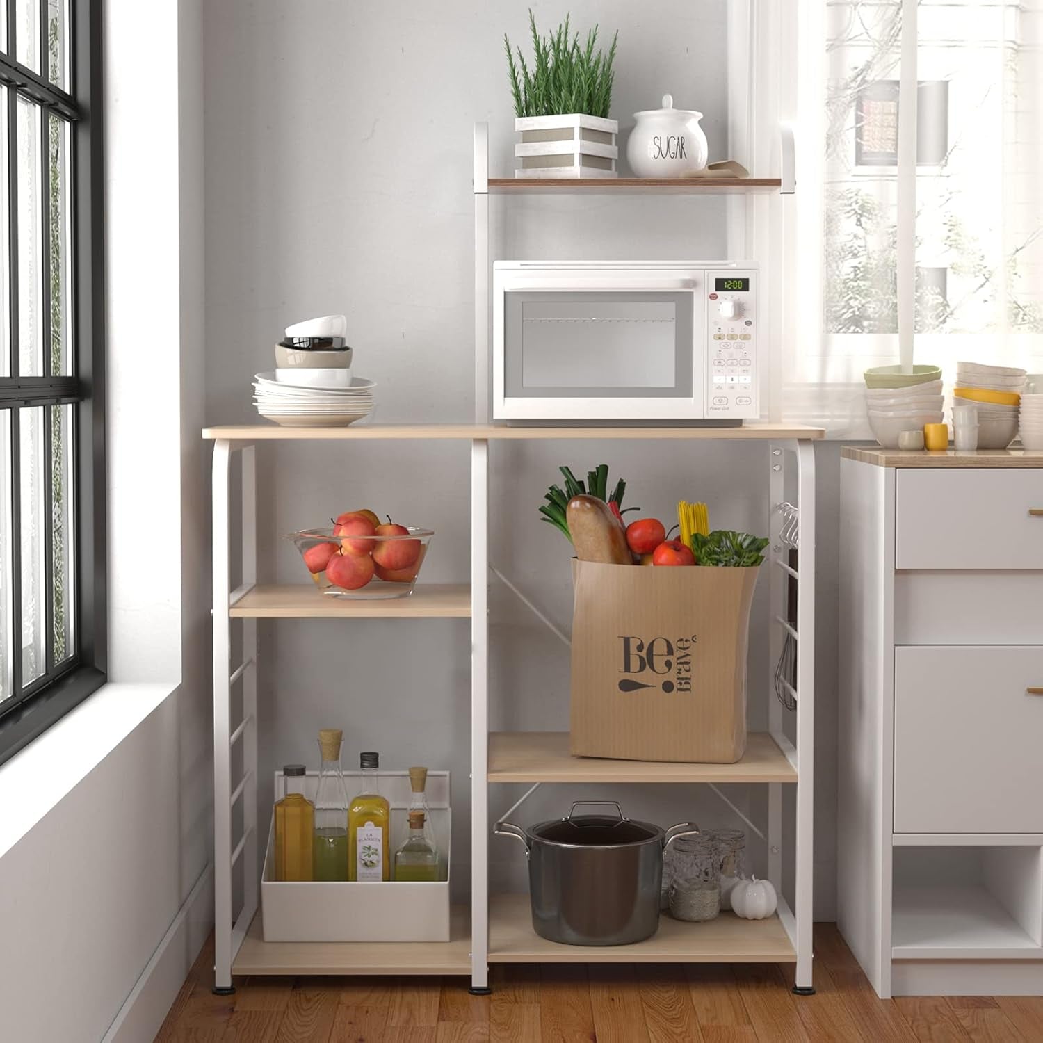 4-Tier Kitchen Baker's Rack and Microwave Oven Stand, White Oak Finish, Model 172-MO-SH