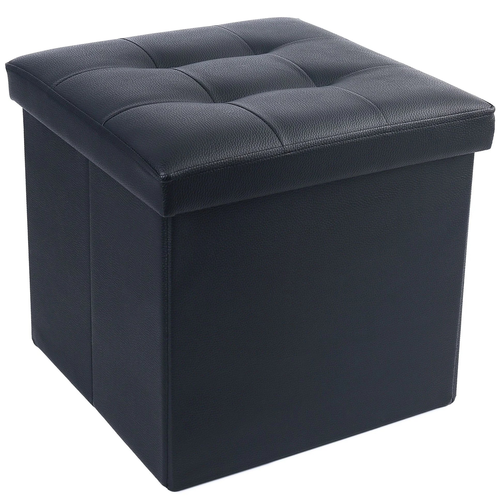 13 in Faux Leather Storage Ottoman Cube,Square Foot Stool Ottoman with Storage,Black