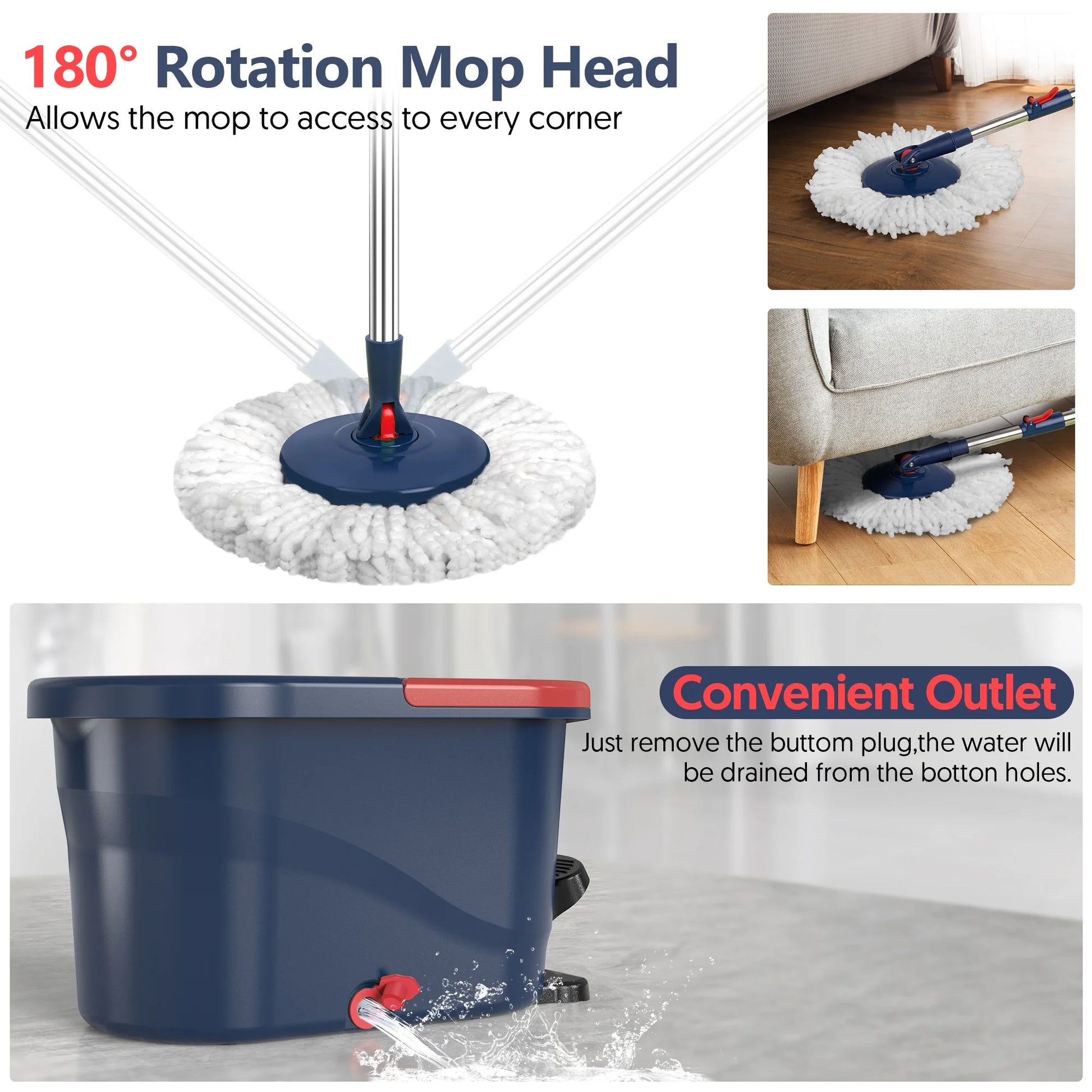 Spin Mop and Bucket System with Wringer Set for Floors Cleaning, Red