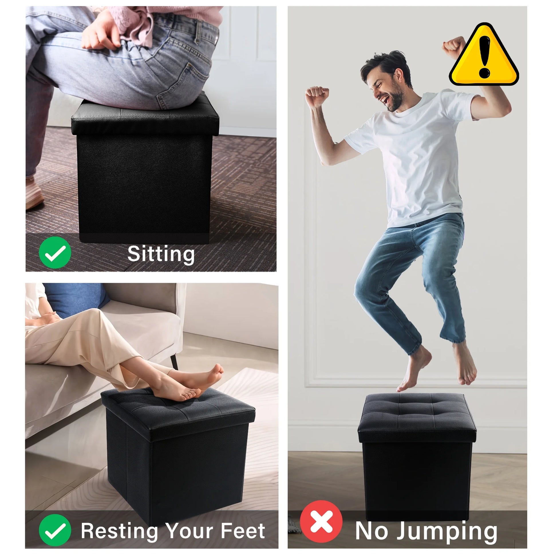 13 in Faux Leather Storage Ottoman Cube,Square Foot Stool Ottoman with Storage,Black