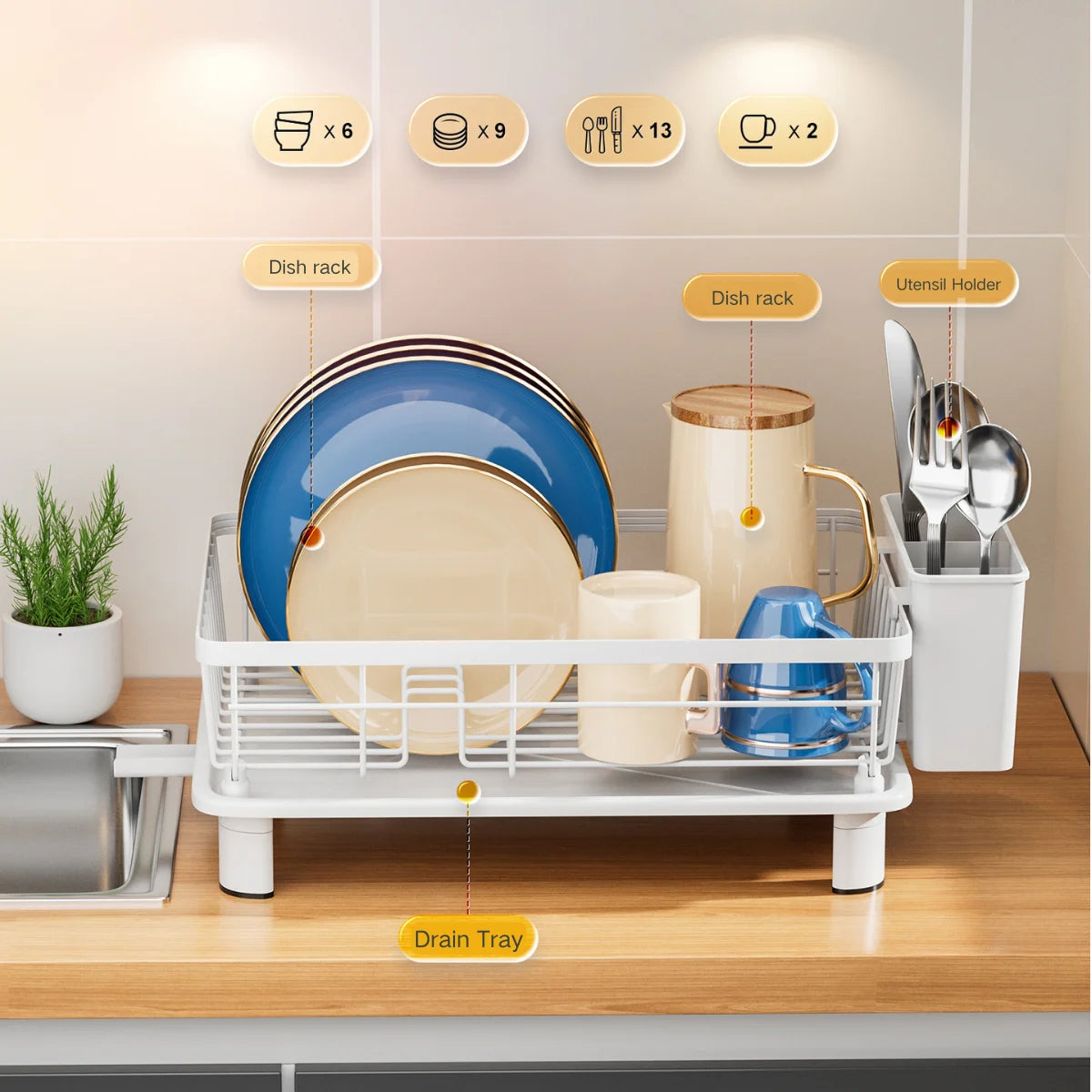 Dish Drying Rack - Large Dish Drainer with Utensil Holder, Drainboard, and Swivel Spout, Space-Saving Kitchen Counter Organizer, White
