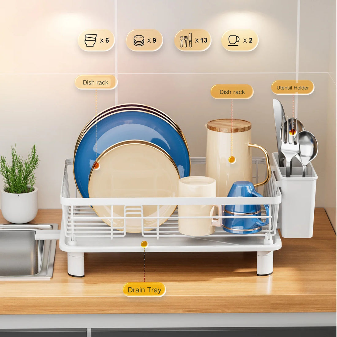 Dish Drying Rack - Large Dish Drainer with Utensil Holder, Drainboard, and Swivel Spout, Space-Saving Kitchen Counter Organizer, White