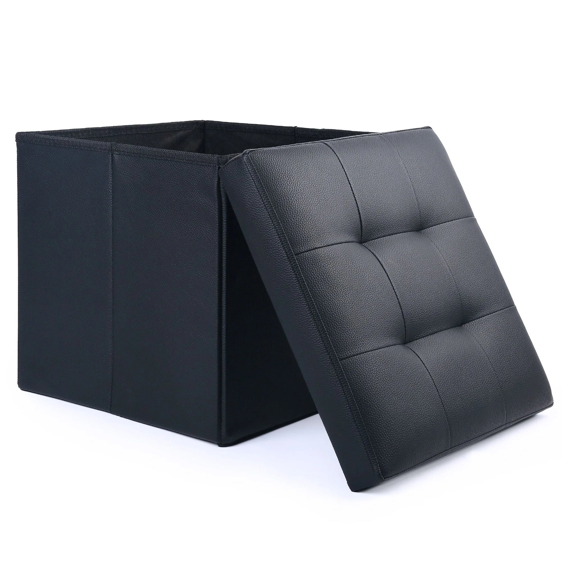 13 in Faux Leather Storage Ottoman Cube,Square Foot Stool Ottoman with Storage,Black