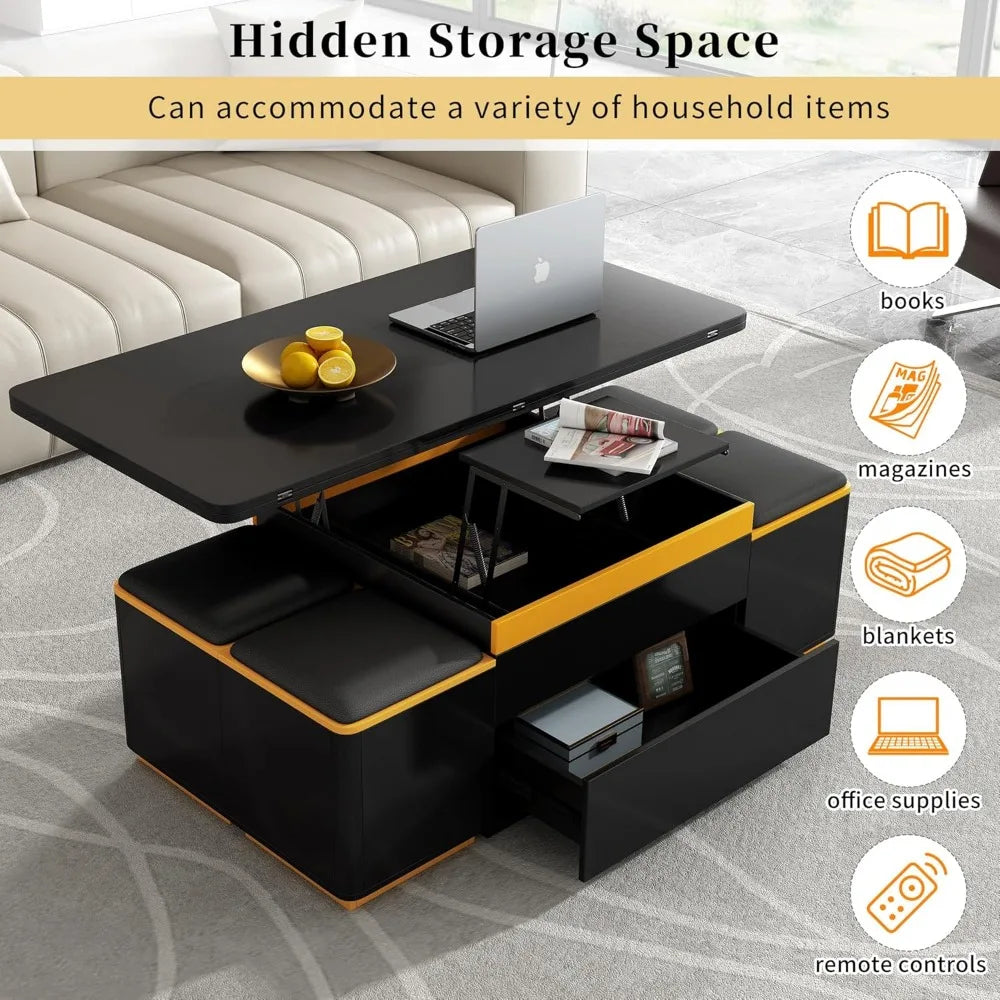 Lift Top Coffee Table, Modern Center Table with 4 Storage Ottoman Stools and Foldable Top for Living Room(Black)
