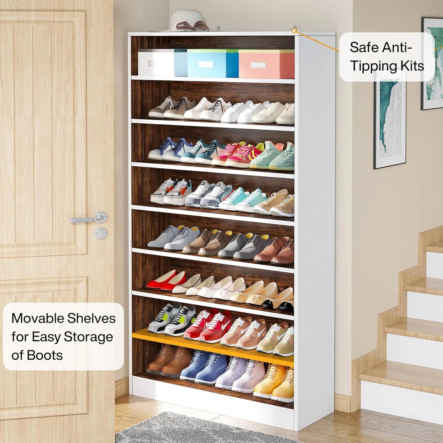 Tall Shoe Cabinet, 9 Tiers 40-45 Pairs Heavy Duty Wood Freestanding Shoe Storage Cabinet