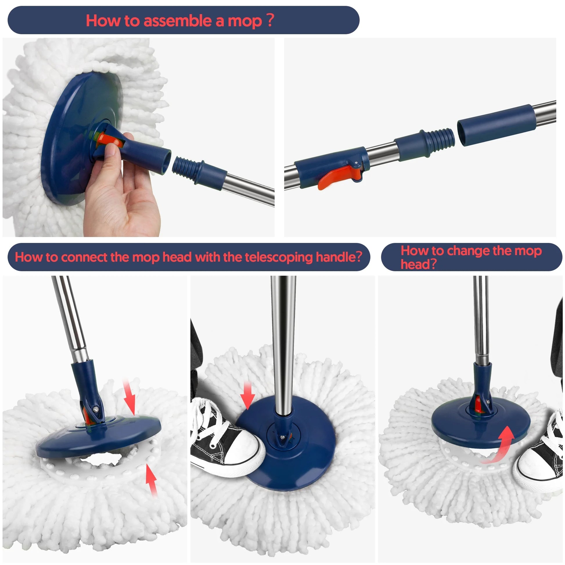Spin Mop and Bucket System with Wringer Set for Floors Cleaning, Red