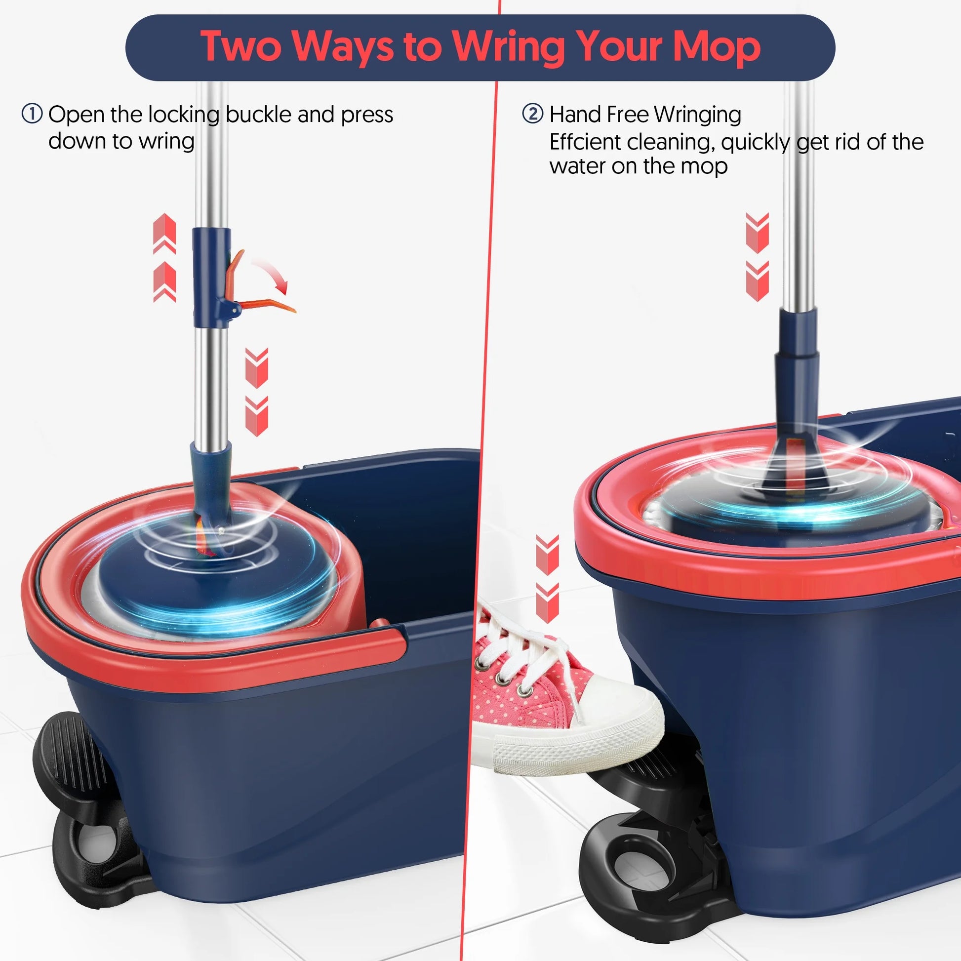 Spin Mop and Bucket System with Wringer Set for Floors Cleaning, Red