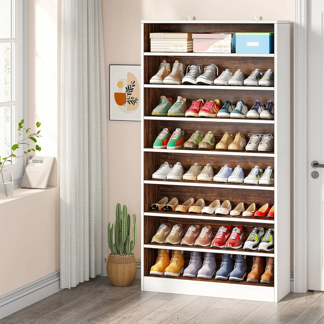 Tall Shoe Cabinet, 9 Tiers 40-45 Pairs Heavy Duty Wood Freestanding Shoe Storage Cabinet
