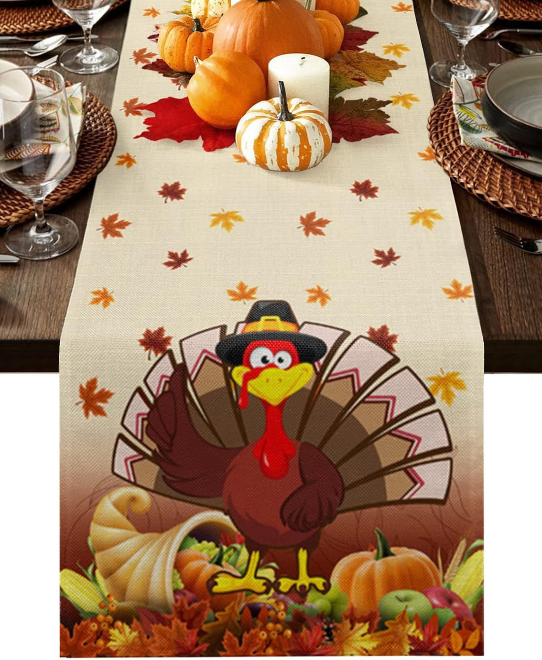 Thanksgiving Turkey Table Runners Fall Leaf Autumn Harvest Pumpkin Non-Slip Rectangle Party Table Decorations Dresser Scarf for Kitchen ,Home ,Dining Table ,Outdoor,13X90 Inches Long,Yellow