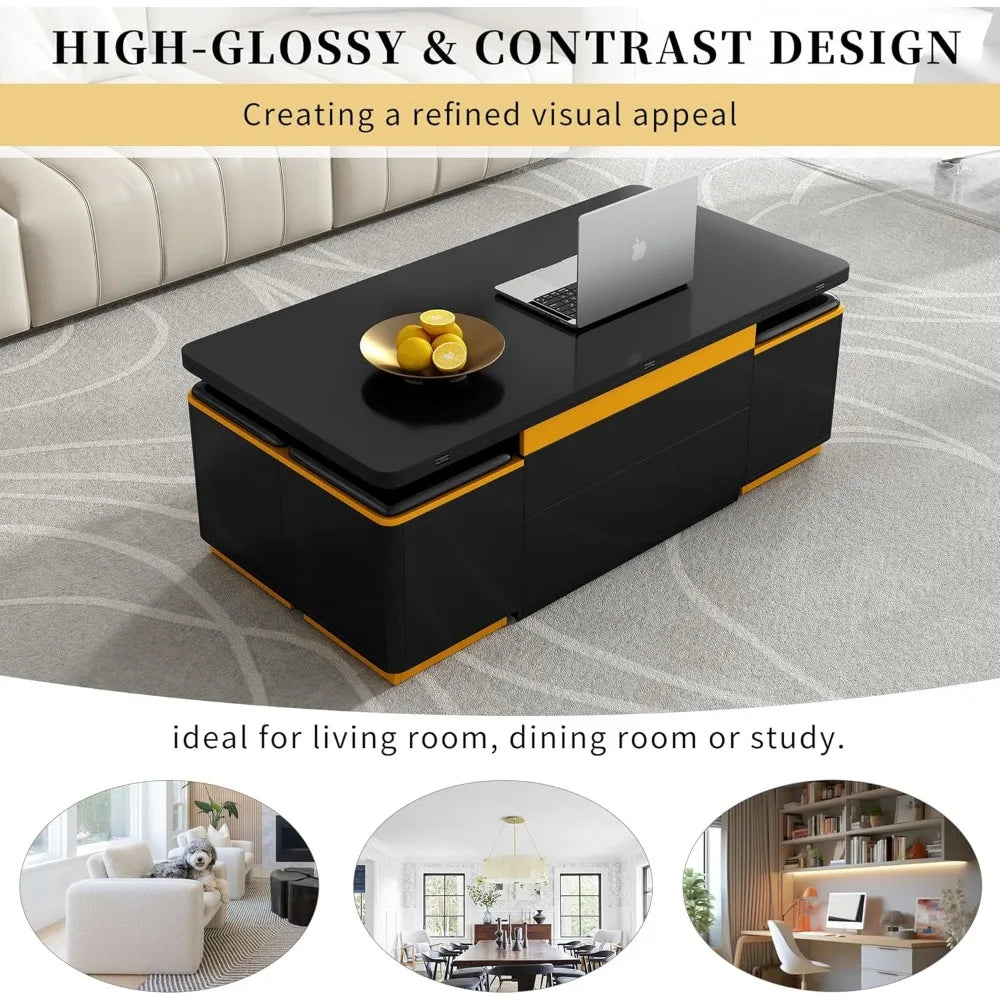 Lift Top Coffee Table, Modern Center Table with 4 Storage Ottoman Stools and Foldable Top for Living Room(Black)