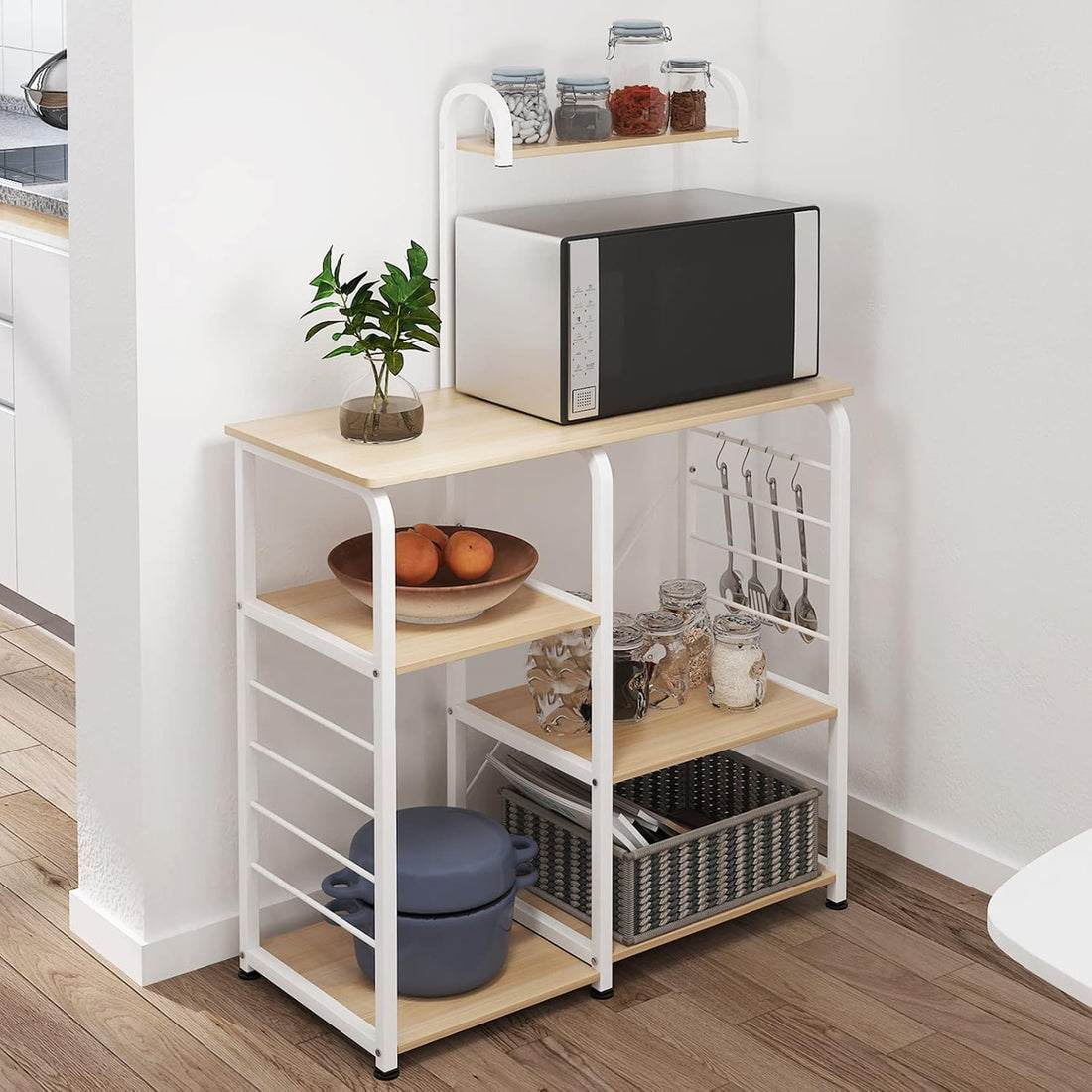 4-Tier Kitchen Baker's Rack and Microwave Oven Stand, White Oak Finish, Model 172-MO-SH